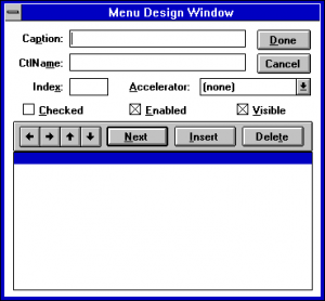 Visual Basic 1 Menu Design Window