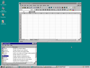 The Windows 95 Desktop. All open windows appear on the taskbar, though some of the windows are not visible. Also note that the resolution of 1024x768 was super-high resolution at the time. Most computers running Windows 95 ran at 800x600.